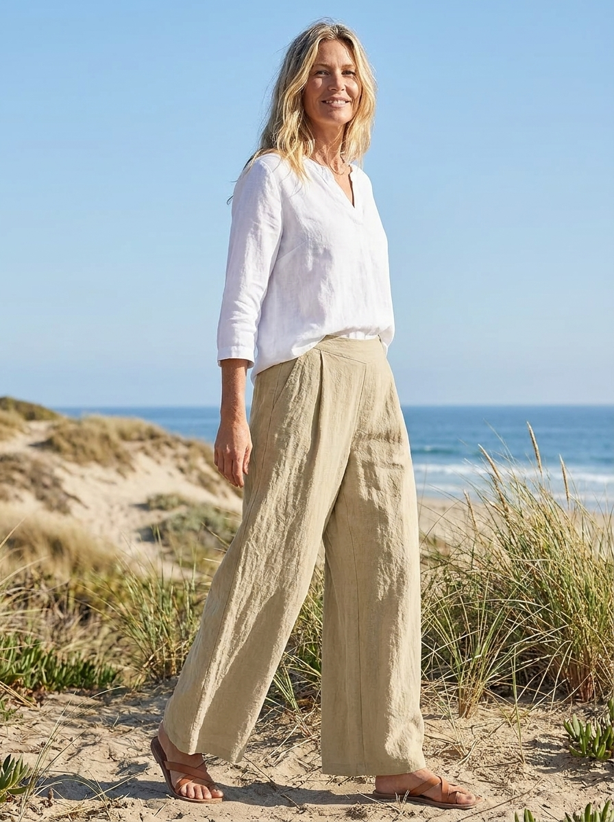 ELISE Women's Mid-Rise Wide-Leg Linen Pant with Pockets
