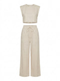 MILA Women's Sleeveless Cropped Top & High-Rise Wide-Leg Linen Pant Set