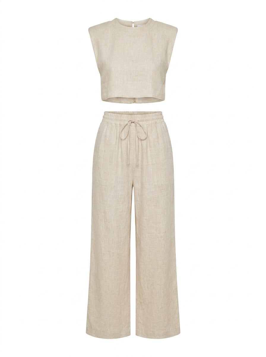 MILA Women's Sleeveless Cropped Top & High-Rise Wide-Leg Linen Pant Set
