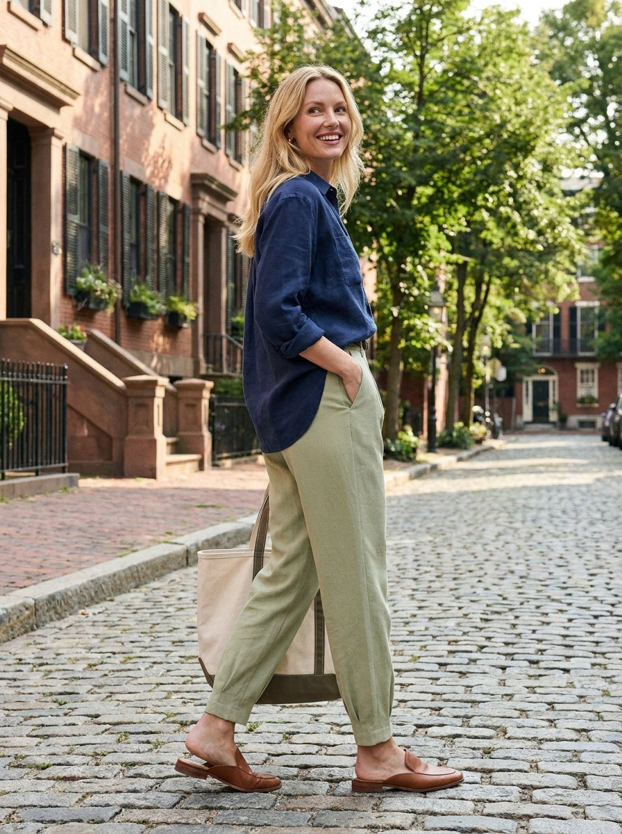 NORA Women's Mid-Rise Tapered Stretch Linen-Look Pant with Pockets