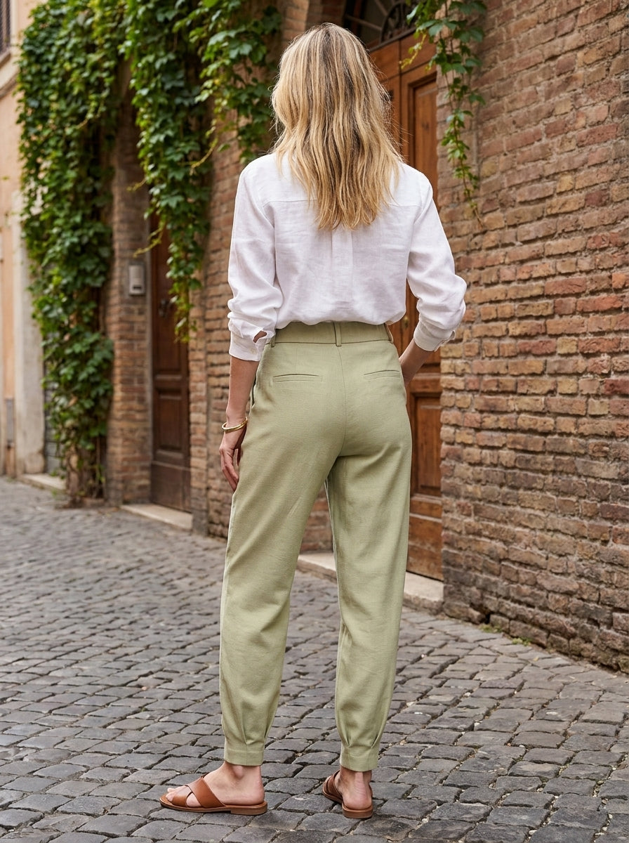 NORA Women's Mid-Rise Tapered Stretch Linen-Look Pant with Pockets