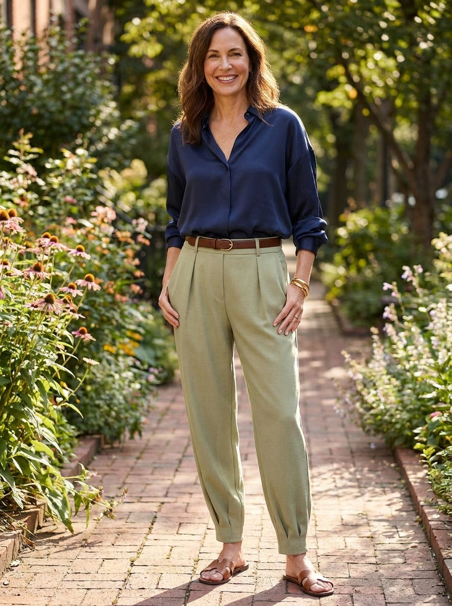 NORA Women's Mid-Rise Tapered Stretch Linen-Look Pant with Pockets