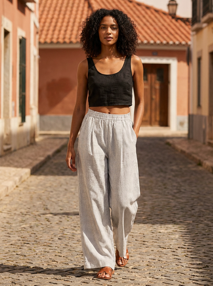 VERA Women's High-Rise Wide-Leg Beach Linen Pant with Pockets