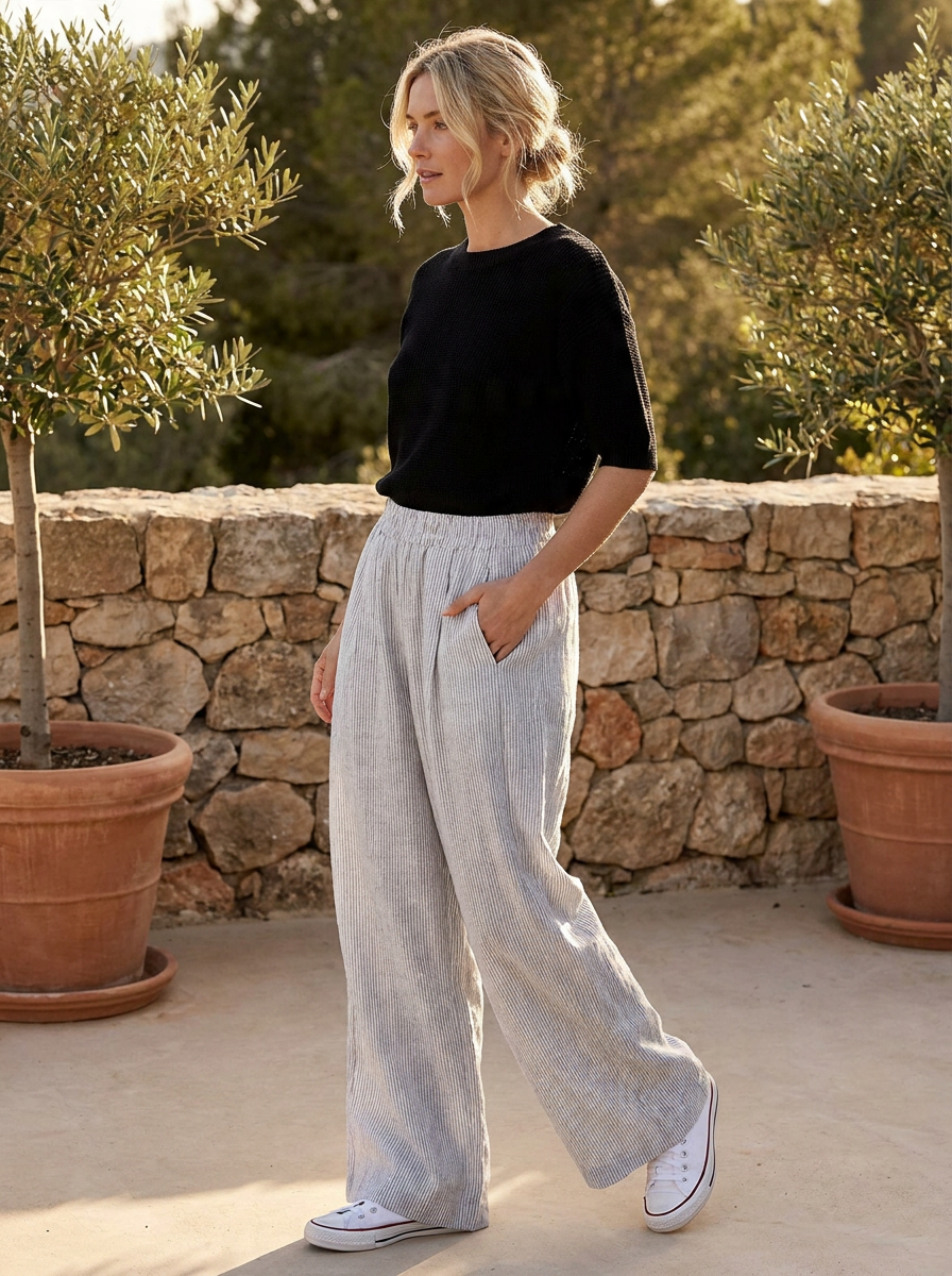 VERA Women's High-Rise Wide-Leg Beach Linen Pant with Pockets