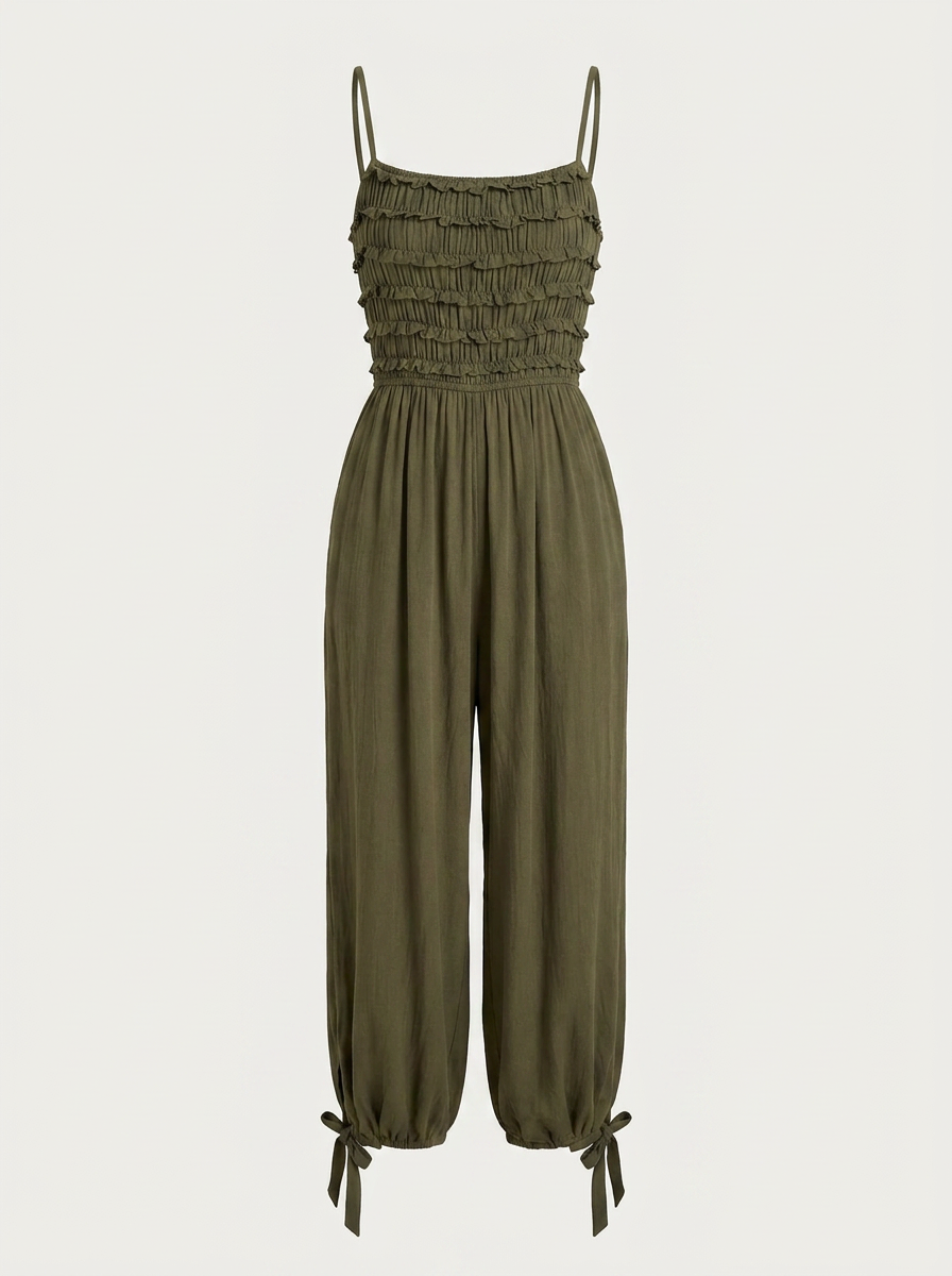 THEA Women's Smocked Pintuck Wide-Leg Jumpsuit with Pockets