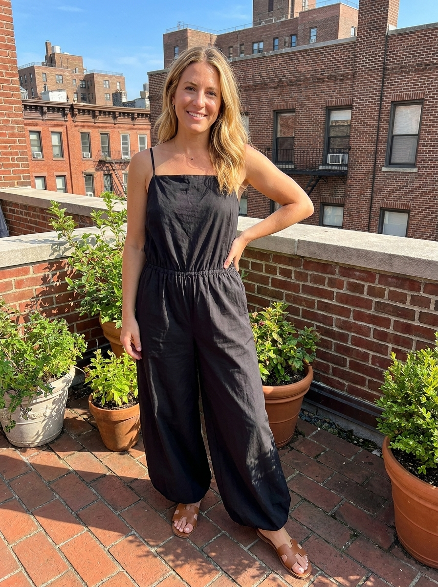 FERN Women's Cotton Bubble-Hem Twofer Jumpsuit with Pockets