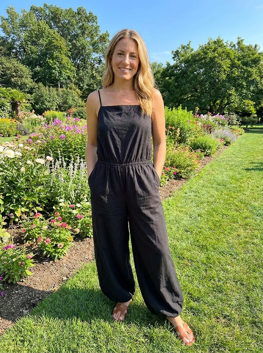 FERN Women's Cotton Bubble-Hem Twofer Jumpsuit with Pockets