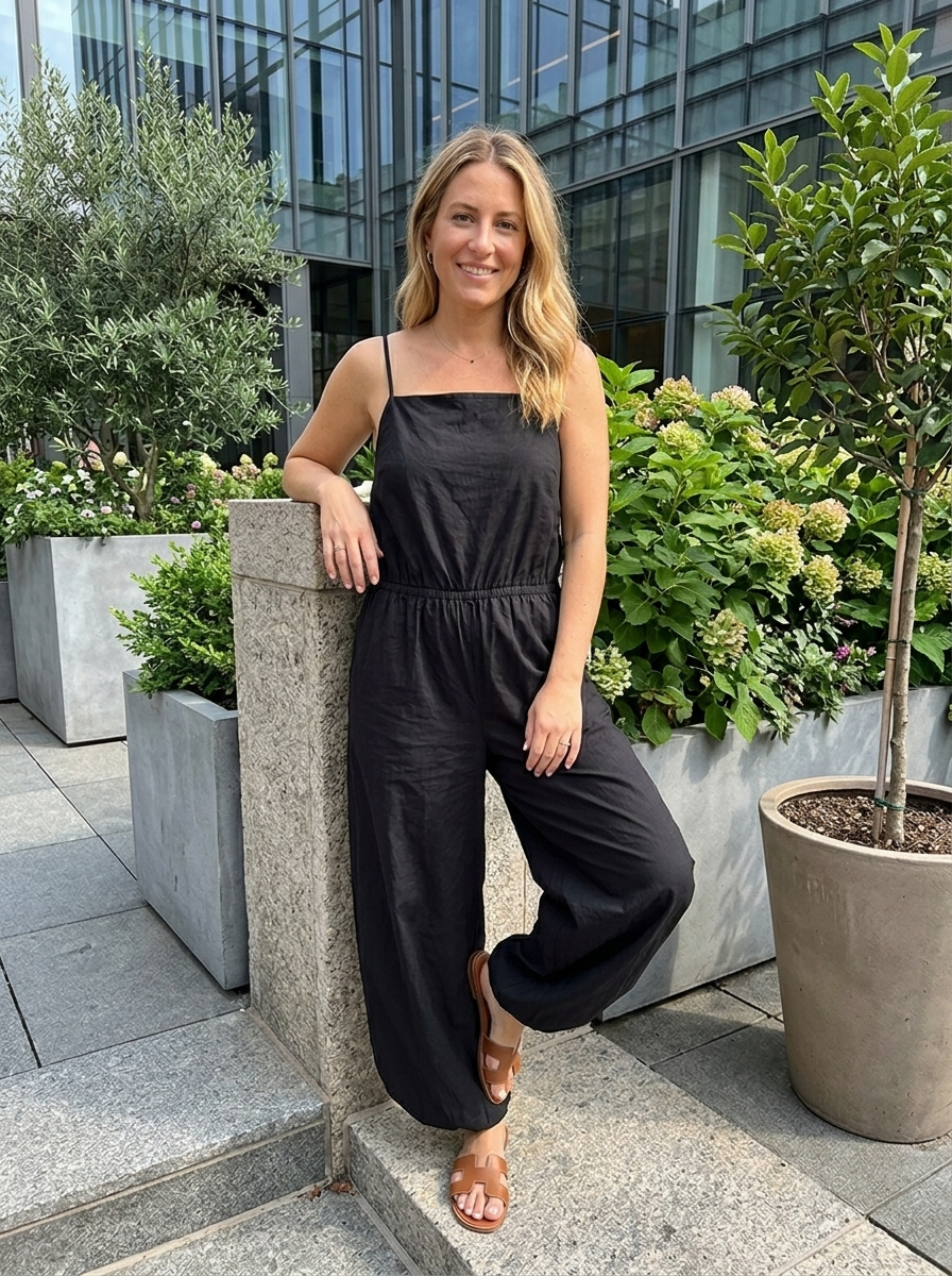 FERN Women's Cotton Bubble-Hem Twofer Jumpsuit with Pockets