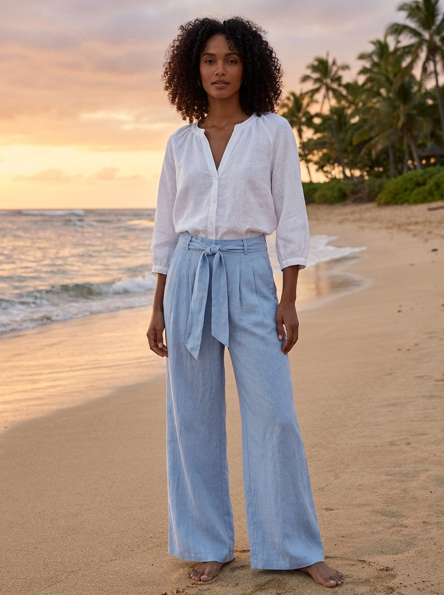 WILLOW Women's Tie-Waist Wide-Leg Linen Pant with Pockets