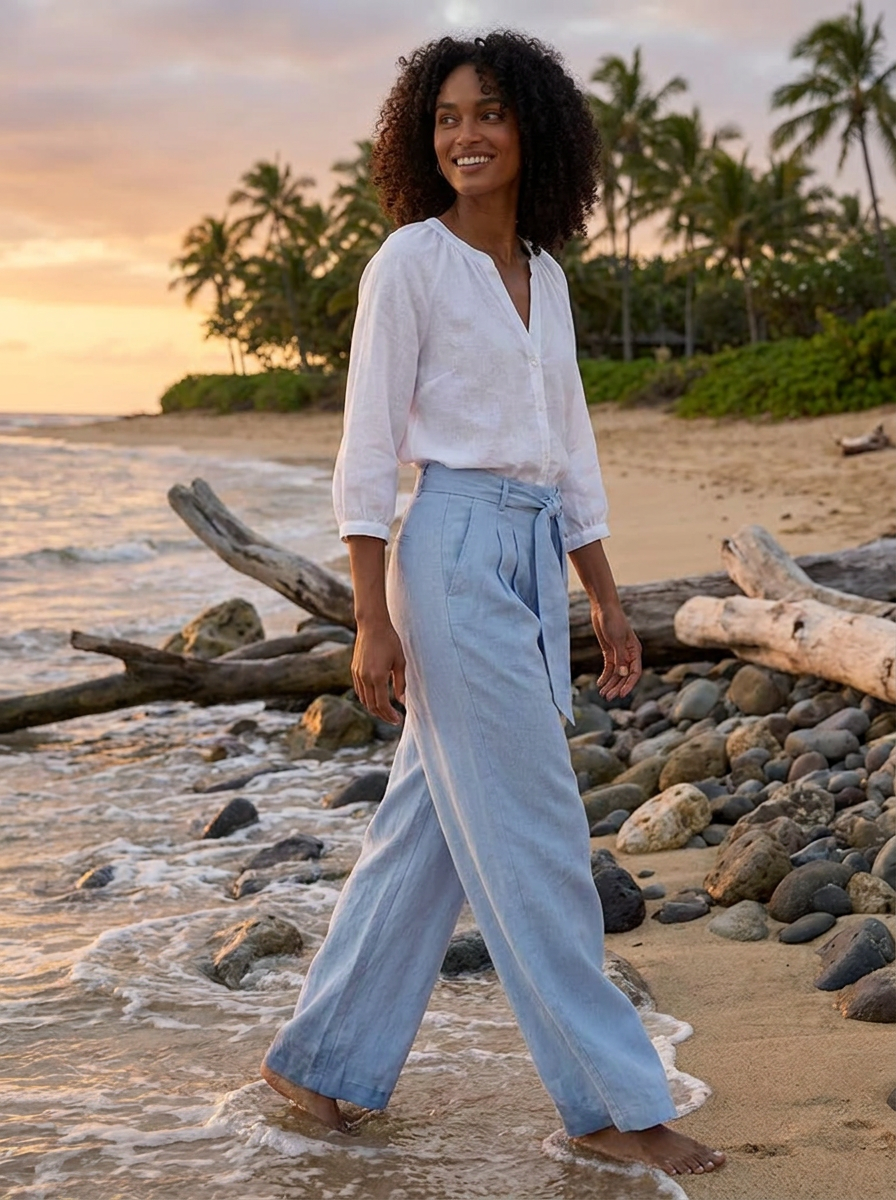 WILLOW Women's Tie-Waist Wide-Leg Linen Pant with Pockets