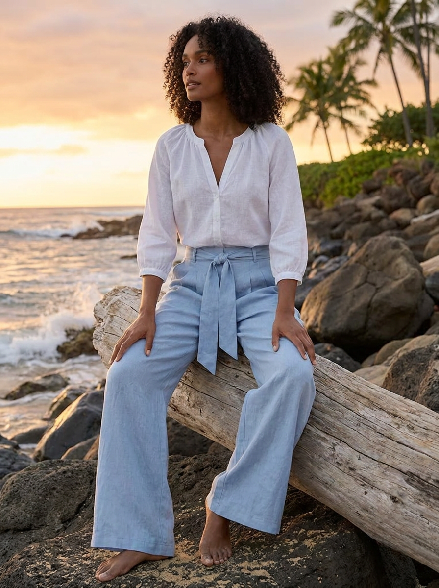 WILLOW Women's Tie-Waist Wide-Leg Linen Pant with Pockets