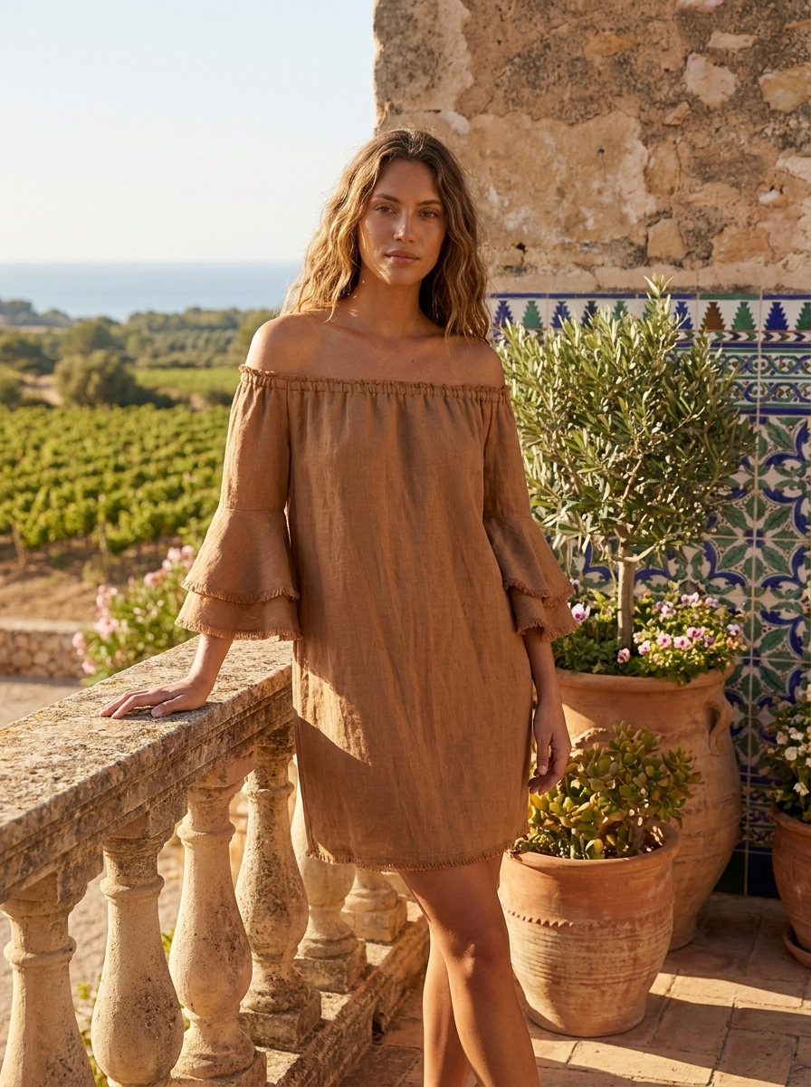 JOSIE Women's Off-the-Shoulder Tiered-Sleeve Linen Shift Dress
