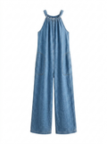 MARISSA Women's Halter-Neck Wide-Leg Denim Jumpsuit with Pockets
