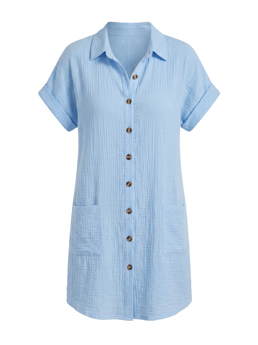 MAEVE Women's Short-Sleeve Linen Button-Down Shirt Dress with Pockets