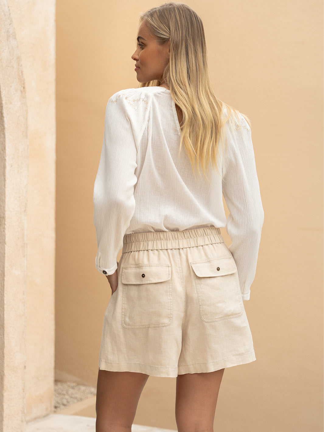 ANIKA Women's French Linen Drawstring Shorts with Pockets